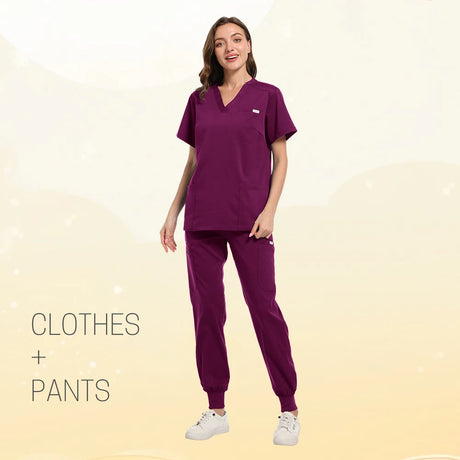 Multicolor pet clinic scrub set featuring a short sleeve top and pants in deep purple for women.