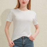 Slim fit white cotton V-neck tee for women, lightweight and breathable, perfect for summer casual wear.