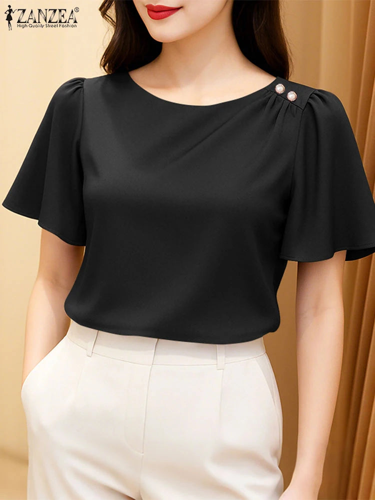 Women Satin Office Short Sleeve Blouse