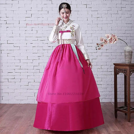2025 Korean Hanbok Dress, floral design, traditional clothing for women, pink and white cotton-rayon costume.