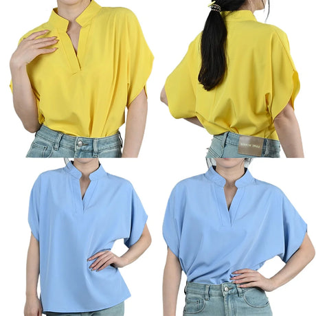 ViviCharm V-Neck Flare Sleeve Blouse in yellow and blue, designed for midlife women, showcasing loose fit and fashionable style.