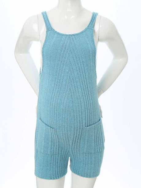 Sleeveless ribbed maternity jumpsuit in light blue, perfect for casual summer wear, crafted from organic cotton and spandex.