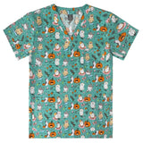 Women’s hospital nurse scrubs in twill fabric with colorful animal and pumpkin print, perfect for medical and salon use.