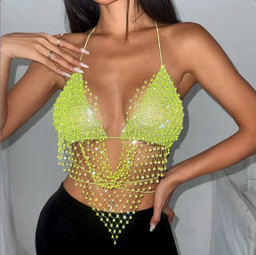 Stylish backless rhinestone tank top in neon yellow, featuring a glamorous mesh design for party wear.