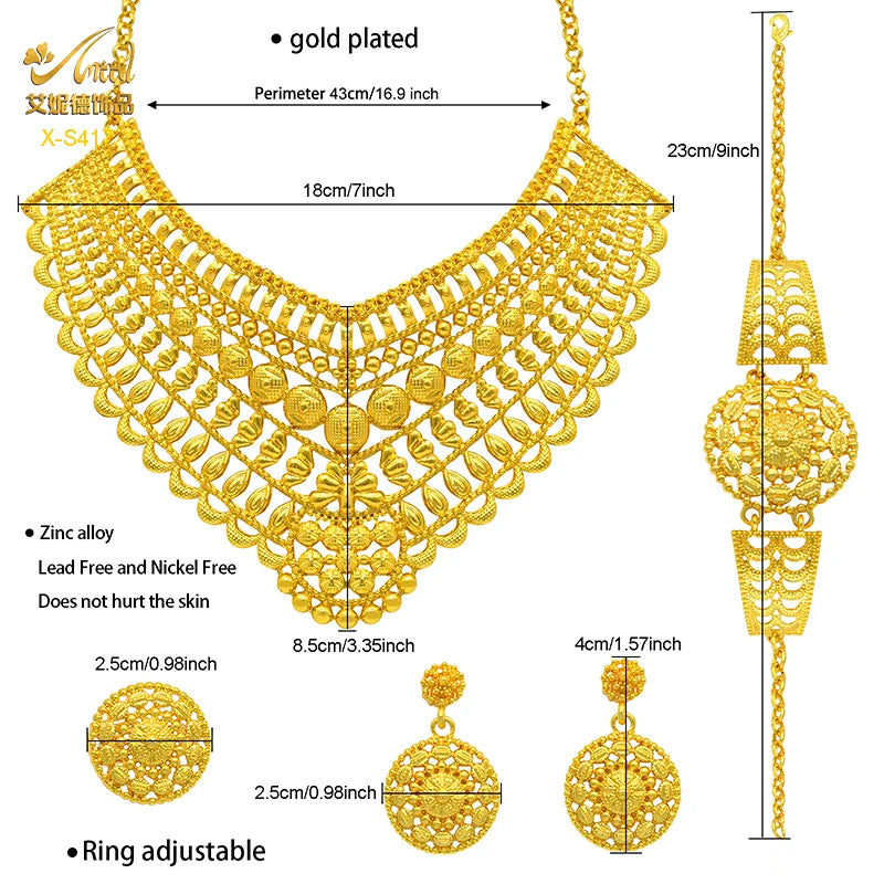 Luxury Indian bridal jewelry necklace set in gold-plated zinc alloy; includes necklace, earrings, adjustable ring, and bracelet.