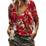 Western Cowgirl Graphic T-Shirt with V-neck in red featuring floral patterns and cowboy motifs for women.