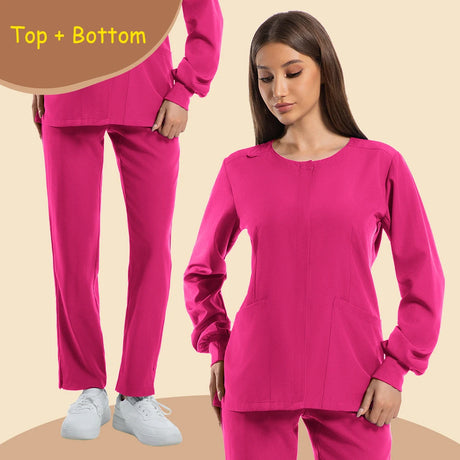 Women's long sleeve pink jogging style scrubs set with pockets for medical and beauty professionals.