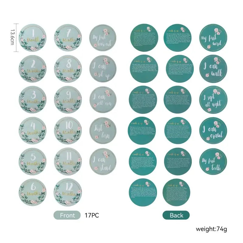 Set of 12 baby milestone cards for newborns, featuring floral designs and monthly age indicators for photography.