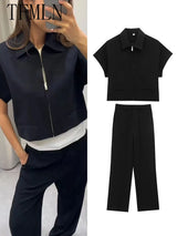 Lapel Zip Wide Leg Pant Set