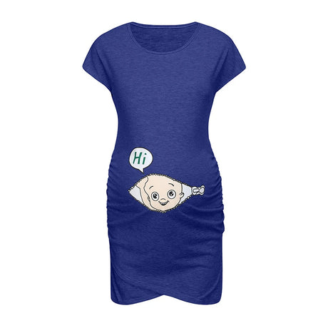 Loose casual maternity dress with cartoon baby design, blue color, perfect for plus size women during summer.