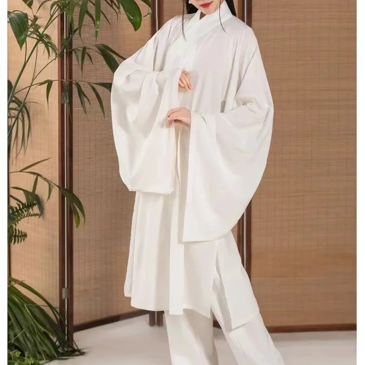 Ming Dynasty Hanfu inner robe costume in white, featuring flowing sleeves and traditional design, perfect for men and women.