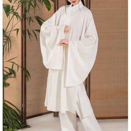 Ming Dynasty Hanfu inner robe costume in white, featuring flowing sleeves and traditional design, perfect for men and women.