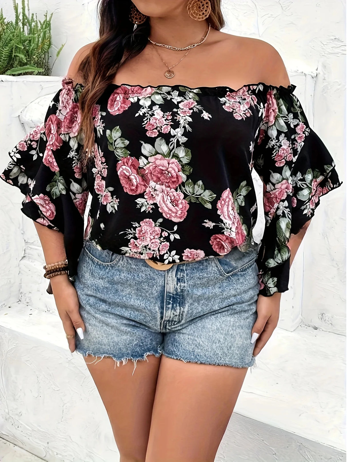 Women Plus Size Floral Off-Shoulder Top