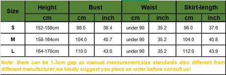 Size chart for Women's Red & White Hanfu Vintage Cosplay Costume including height, bust, waist, and skirt length measurements.
