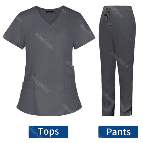 Solid color veterinarians scrub set featuring breathable tops and pants in a fashionable design.
