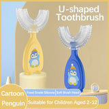 U-shaped toothbrush for children aged 2-12, featuring cartoon penguin design, made from food-grade silicone with soft brush head.