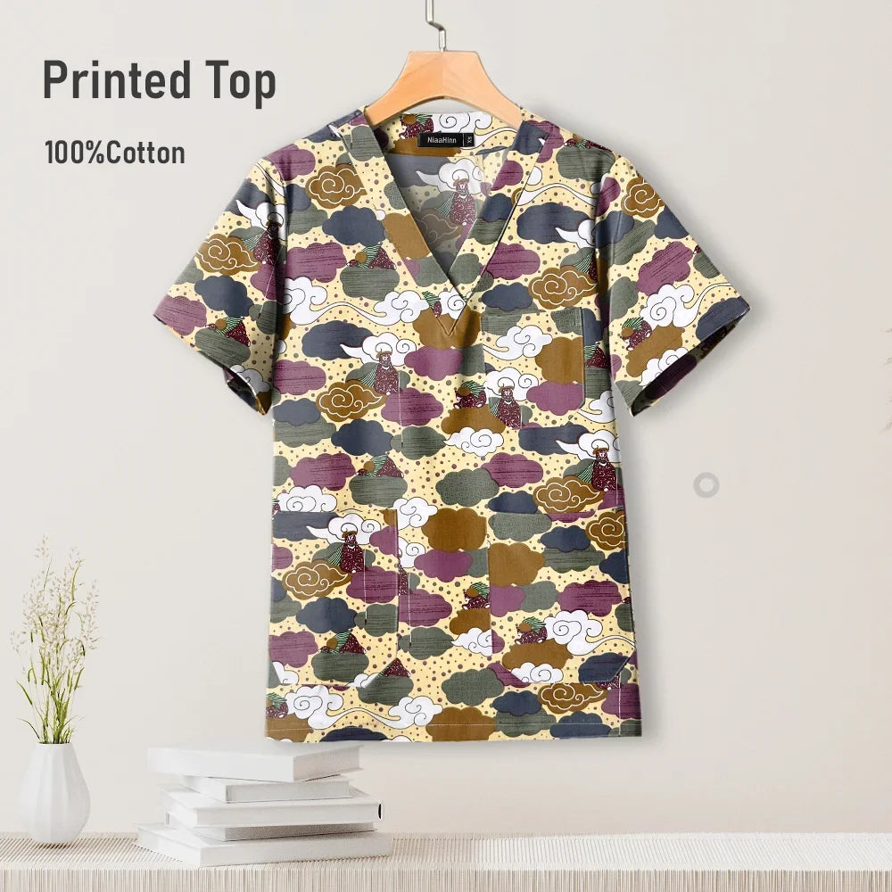 Colorful printed hospital surgical scrub top for women, made of 100% cotton, ideal for pediatric nursing uniforms.