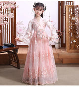Modern Fairy Hanfu girls cosplay dress in pink with floral design, perfect for kids' performances and themed parties.