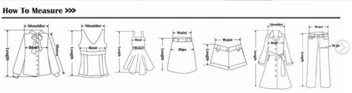 Measurement guide for clothing sizes showing dimensions for dresses and skirts with labels for shoulder, waist, and hips.