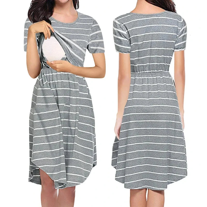 Striped multifunctional nursing dress for maternity with breastfeeding function, features ruffles, knee-length, and A-line silhouette.