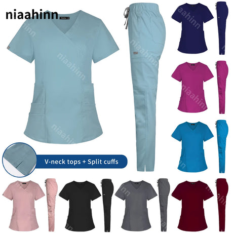 Solid color veterinary scrub sets in various shades with V-neck tops and split cuffs for women's workwear.