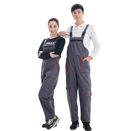 Unisex mechanic welding coveralls in gray, designed for auto repair and utility, featuring multiple pockets and a durable material.