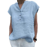 BreezyLuxe™ light blue cotton linen V-Neck blouse with button closure, perfect for summer wear.