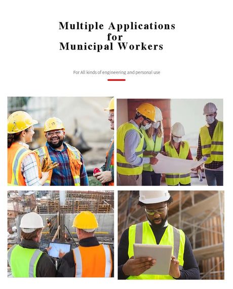Collage of municipal workers in safety gear collaborating and reviewing plans in various work environments.