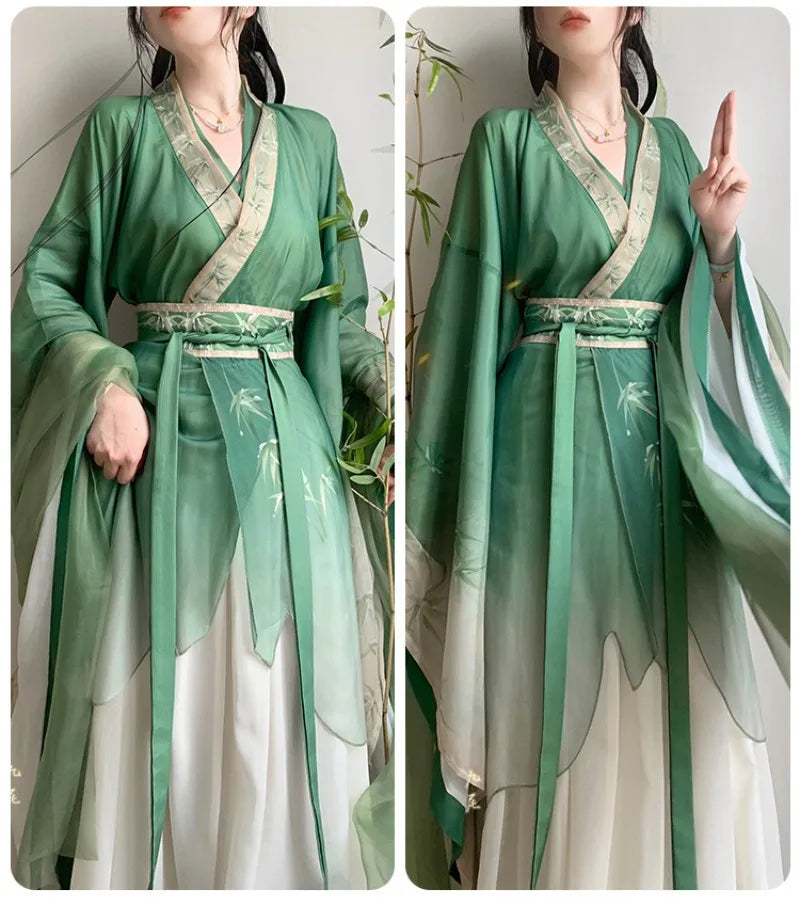 Bamboo Green Hanfu Dress showcasing flowing sleeves and intricate design, perfect for parties and cosplay, featured in spring colors.