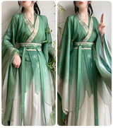 Bamboo Green Hanfu Dress showcasing flowing sleeves and intricate design, perfect for parties and cosplay, featured in spring colors.
