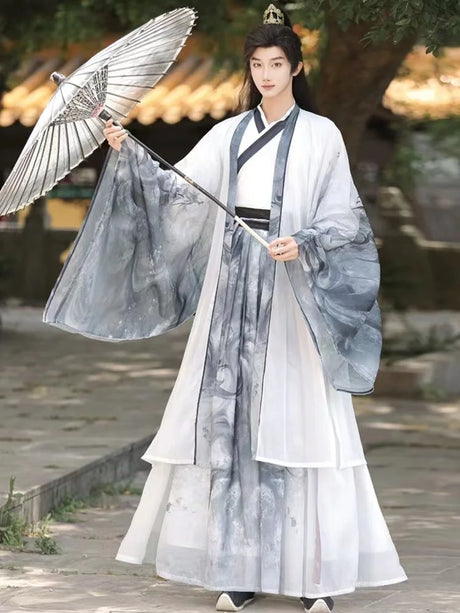 Men's Martial Arts Hanfu featuring a cross collar design, traditional ink patterns, and a beautiful umbrella.