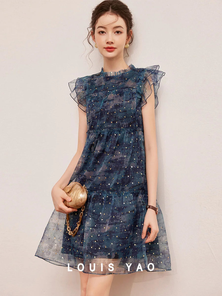 LOUIS YAO sparkling dress for women with flounced edges and patchwork design, perfect summer outfit in mini length.