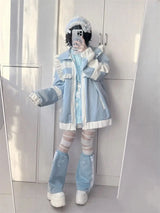 Japanese Patchwork Oversized Women's Coat – Y2K Lolita Ruffle Jacket