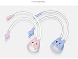 Nasal aspirator for infants in pink and blue, featuring cartoon designs and silicone material.