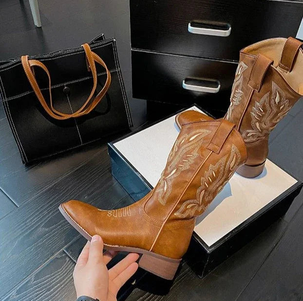 Women Mid Calf Boots Rose Embroidery Leather