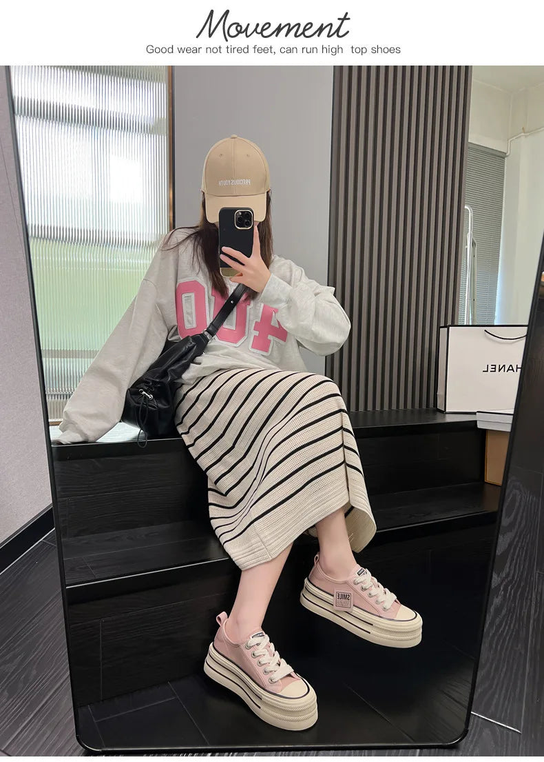 Women Canvas Shoes Black White Platform Sneakers