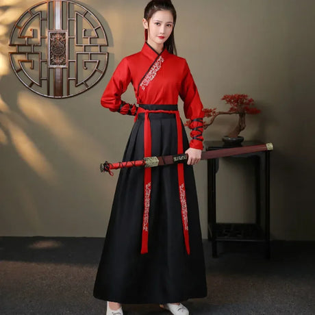 Stylish Streetwear Casual Chinese Hanfu Dress featuring a red top with black skirt and traditional accessories.