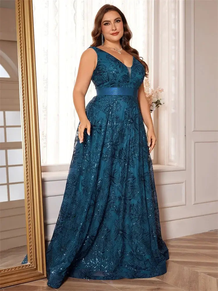 Women Plus Size V-Back Sequin Evening Cocktail Dress