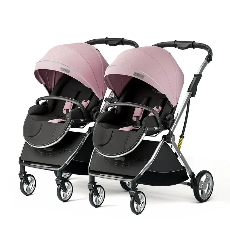 Pink twin baby stroller with adjustable seats and aluminum frame, perfect for children aged 0-6 years.