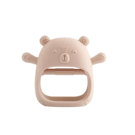 Baby teether gloves shaped like a bear, made from soft, non-toxic silicone, ideal for soothing baby's teething pain.