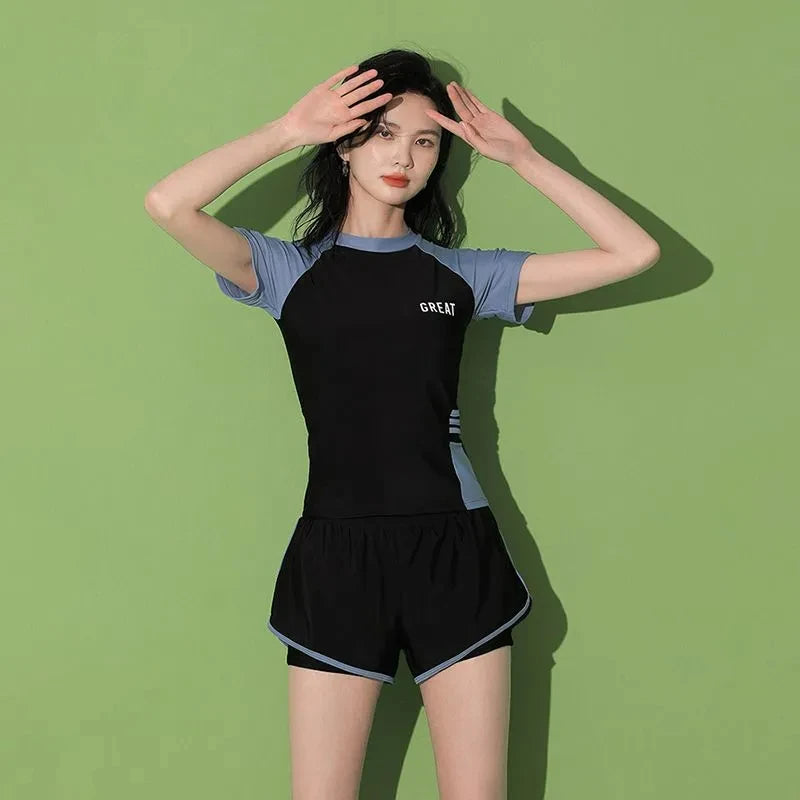 Women Patchwork Short Sleeve Swimsuit