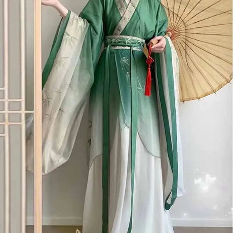 Bamboo Green Hanfu Dress featuring large sleeves and intricate bamboo prints, perfect for spring and summer parties.
