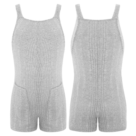 Sleeveless ribbed maternity jumpsuit in grey, featuring a loose fit and made from comfortable cotton and spandex for summer wear.