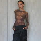 Women's Knitted Rhinestone Long Sleeve Bodysuit – Sexy Y2K Outfit