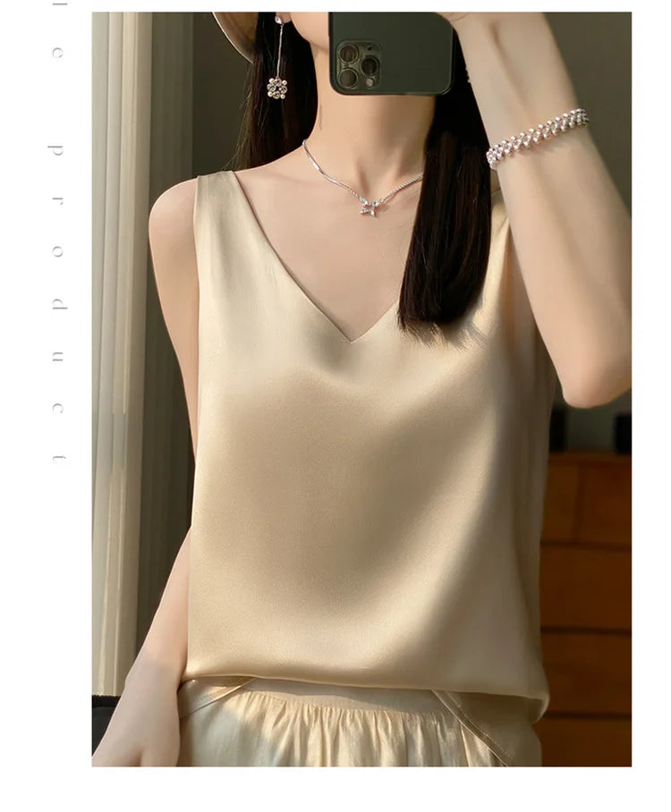 Ice Silk Satin V‑Neck Camisole Crop Top