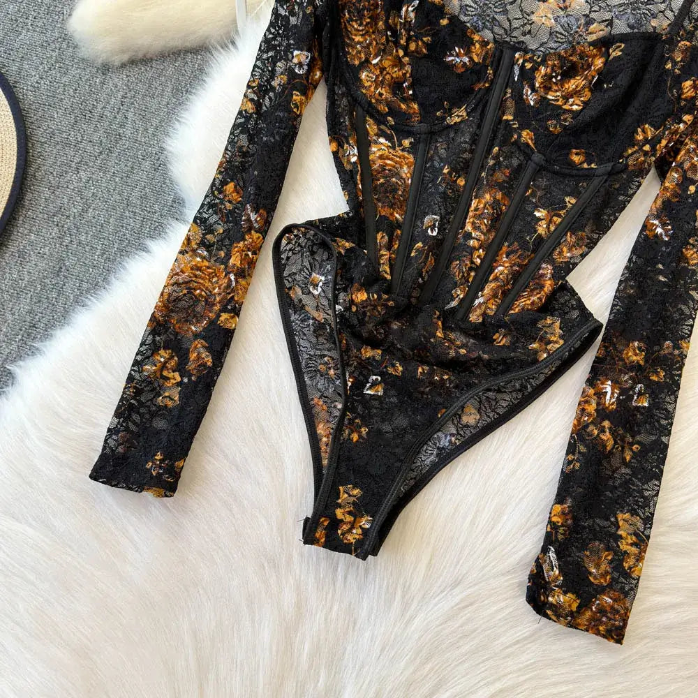 Women Square Neck Mesh Print Bodysuit