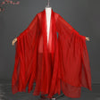 Elegant women’s classical Hanfu stage costume in vibrant red, featuring flowing sleeves and lightweight polyester fabric.