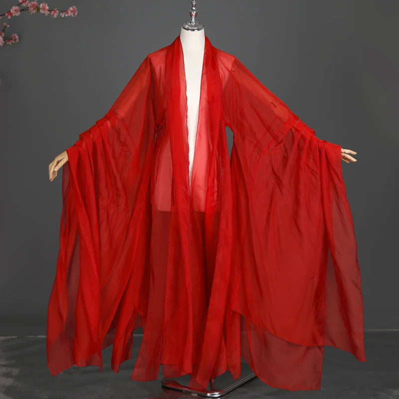 Elegant women’s classical Hanfu stage costume in vibrant red, featuring flowing sleeves and lightweight polyester fabric.