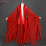 Elegant women’s classical Hanfu stage costume in vibrant red, featuring flowing sleeves and lightweight polyester fabric.