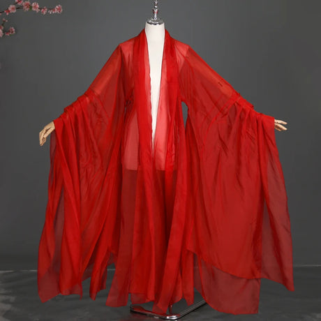 Elegant women’s classical Hanfu stage costume in vibrant red, featuring flowing sleeves and lightweight polyester fabric.